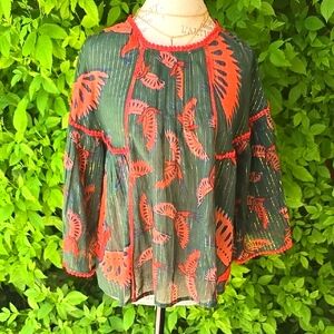 Rachel Zoe Vibrant Green and Red Leaf Blouse